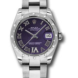 Rolex Steel and White Gold Datejust 31 Watch - 24 Diamond Bezel - Purple Diamond Roman Vi Roman Dial - Oyster Bracelet - 178344 pudro