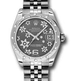 Rolex Steel and White Gold Datejust 31 Watch - 24 Diamond Bezel - Dark Rhodium Floral Motif Dial - Jubilee Bracelet - 178344 rfj