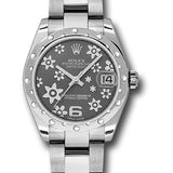 Rolex Steel and White Gold Datejust 31 Watch - 24 Diamond Bezel - Dark Rhodium Floral Motif Dial - Oyster Bracelet - 178344 rfo