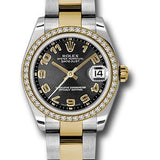 Rolex Steel and Yellow Gold Datejust 31 Watch - 46 Diamond Bezel - Black Concentric Circle Arabic Dial - Oyster Bracelet - 178383 bkcao