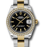 Rolex Steel and Yellow Gold Datejust 31 Watch - 46 Diamond Bezel - Black Index Dial - Oyster Bracelet - 178383 bkio