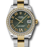 Rolex Steel and Yellow Gold Datejust 31 Watch - 46 Diamond Bezel - Olive Green Diamond Roman Vi Roman Dial - Oyster Bracelet - 178383 ogdro