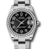 Rolex Steel and White Gold Datejust 31 Watch - 46 Diamond Bezel - Black Concentric Circle Arabic Dial - Oyster Bracelet - 178384 bkcao