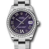 Rolex Steel and White Gold Datejust 31 Watch - 46 Diamond Bezel - Purple Diamond Roman Vi Roman Dial - Oyster Bracelet - 178384 pdro