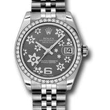 Rolex Steel and White Gold Datejust 31 Watch - 46 Diamond Bezel - Dark Rhodium Floral Motif Arabic 6 Dial - Jubilee Bracelet - 178384 rfj