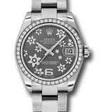 Rolex Steel and White Gold Datejust 31 Watch - 46 Diamond Bezel - Dark Rhodium Floral Motif Arabic 6 Dial - Oyster Bracelet - 178384 rfo