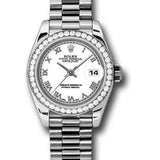 Rolex Platinum Lady-Datejust 26 Watch - 42 Diamond Bezel - White Roman Dial - President Bracelet - 179136 wrp