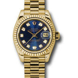 Rolex Yellow Gold Lady-Datejust 26 Watch - Fluted Bezel - Blue Diamond Dial - President Bracelet - 179178 bldp