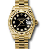 Rolex Yellow Gold Lady-Datejust 26 Watch - Fluted Bezel - Black Diamond Dial - President Bracelet - 179178 bkdp