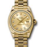 Rolex Yellow Gold Lady-Datejust 26 Watch - Fluted Bezel - Champagne Diamond Dial - President Bracelet - 179178 chdp