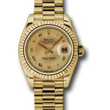 Rolex Yellow Gold Lady-Datejust 26 Watch - Fluted Bezel - Champagne Decorated Mother-Of-Pearl Roman Dial - President Bracelet - 179178 chmdrp