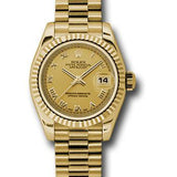 Rolex Yellow Gold Lady-Datejust 26 Watch - Fluted Bezel - Champagne Roman Dial - President Bracelet - 179178 chrp