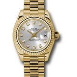 Rolex Yellow Gold Lady-Datejust 26 Watch - Fluted Bezel - Silver Diamond Dial - President Bracelet - 179178 sdp