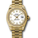 Rolex Yellow Gold Lady-Datejust 26 Watch - Fluted Bezel - White Diamond Dial - President Bracelet - 179178 wdp