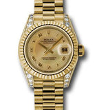 Rolex Yellow Gold Lady-Datejust 26 Watch - Fluted Bezel - Champagne Decorated Mother-Of-Pearl Roman Dial - President Bracelet - 179238 chmdrp