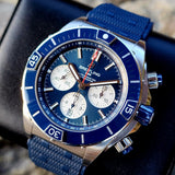 Breitling Super Chronomat B01 44 Watch - Stainless Steel - Blue Dial - Blue Rubber Strap - Folding Buckle - AB0136161C1S1