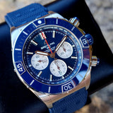 Breitling Super Chronomat B01 44 Watch - Stainless Steel - Blue Dial - Blue Rubber Strap - Folding Buckle - AB0136161C1S1