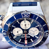 Breitling Super Chronomat B01 44 Watch - Stainless Steel - Blue Dial - Blue Rubber Strap - Folding Buckle - AB0136161C1S1