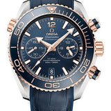 Omega Planet Ocean 600 M Omega Co-axial Master Chronometer Chronograph Watch - 45.5 mm Sedna Gold And Steel Case - Unidirectional Blue Ceramic Bezel - Blue Ceramic Dial - Blue Leather Strap - 215.23.46.51.03.001