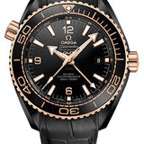 Omega Planet Ocean 600 M Omega Co-axial Master Chronometer GMT Deep Black Watch - 45.5 mm Black Ceramic Case - Sedna Gold Unidirectional Bezel - Black Dial - Black Water Resistant Leather Strap - 215.63.46.22.01.001