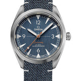 Omega Seamaster Railmaster Omega Co-Axial Master Chronometer Watch - 40 mm Steel Case - Vertically Brushed Blue Jeans Dial - Blue Denim And Leather Nato Strap - 220.12.40.20.03.001