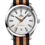 Omega Aqua Terra 150M Co-Axial Master Chronometer Golf Edition Watch - 41 mm Steel Case - Silvery Dial - Black And Orange Striped Nato Strap - 220.12.41.21.02.003