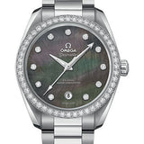 Omega Seamaster Aqua Terra 150M Co-Axial Master Chronometer Ladies Watch - 38 mm Steel Case - Diamond-Set Bezel - Tahiti Mother-Of-Pearl Diamond Dial - 220.15.38.20.57.001