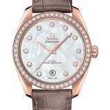 Omega Seamaster Aqua Terra 150M Co-Axial Master Chronometer Ladies Watch - 38 mm Sedna Gold Case - White Mother-Of-Pearl Diamond Dial - Taupe-Brown Leather Strap - 220.58.38.20.55.001