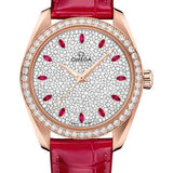 Omega Seamaster Aqua Terra 150M Co-Axial Master Chronometer Ladies' Watch - 38 mm Sedna Gold Case - Fully Paved Diamond Dial - Glossy Red Leather Strap - 220.58.38.20.99.001