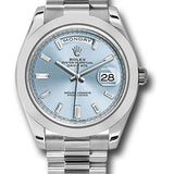 Rolex 950 Platinum Day-Date 40 Watch - Smooth Bezel - Ice Blue Baguette Diamond Dial - President Bracelet - 228206 ibbdp