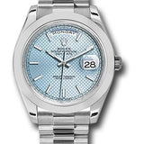 Rolex 950 Platinum Day-Date 40 Watch - Smooth Bezel - Ice Blue Diagonal Motif Index Dial - President Bracelet - 228206 ibdmip