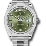 Rolex 950 Platinum Day-Date 40 Watch - Smooth Bezel - Olive Green Bevelled Roman Dial - President Bracelet - 228206 ogrp