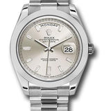 Rolex 950 Platinum Day-Date 40 Watch - Smooth Bezel - Silver Baguette Diamond Dial - President Bracelet - 228206 sbdp