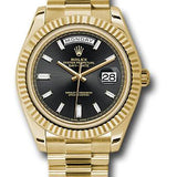 Rolex Yellow Gold Day-Date 40 Watch - Fluted Bezel - Black Baguette Diamond Dial - President Bracelet - 228238 bkbdp