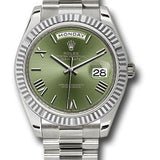 Rolex White Gold Day-Date 40 Watch - Fluted Bezel - Olive Green Bevelled Roman Dial - President Bracelet - 228239 ogrp