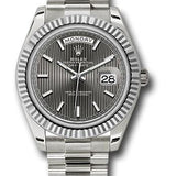 Rolex White Gold Day-Date 40 Watch - Fluted Bezel - Dark Rhodium Stripe Motif Index Dial - President Bracelet - 228239 rsmip