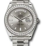 Rolex White Gold Day-Date 40 Watch - White Gold Bezel - Silver Baguette Diamond Dial - President Bracelet - 228349RBR sbdp