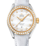 Omega Seamaster Aqua Terra 150 M Master Co-Axial Watch - 34 mm Steel Case - Yellow Gold Bezel - Mother-Of-Pearl Diamond Dial - White Leather Strap - 231.28.34.20.55.004