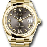 Rolex Yellow Gold Datejust 31 Watch - Domed Bezel - Dark Grey Diamond Six Dial - President Bracelet - 278248 dkgdr6p