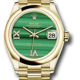 Rolex Yellow Gold Datejust 31 Watch - Domed Bezel - Malachite Diamond Six and Nine Dial - President Bracelet - 278248 madr69p