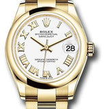 Rolex Yellow Gold Datejust 31 Watch - Domed Bezel - White Roman Dial - Oyster Bracelet - 278248 wro