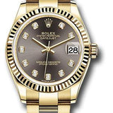 Rolex Yellow Gold Datejust 31 Watch - Fluted Bezel - Dark Grey Diamond Dial - Oyster Bracelet - 278278 dkgdo