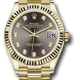 Rolex Yellow Gold Datejust 31 Watch - Fluted Bezel - Dark Grey Diamond Dial - President Bracelet - 278278 dkgdp