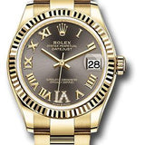 Rolex Yellow Gold Datejust 31 Watch - Fluted Bezel - Dark Grey Diamond Six Dial - Oyster Bracelet - 278278 dkgdr6o