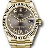 Rolex Yellow Gold Datejust 31 Watch - Fluted Bezel - Dark Grey Diamond Six Dial - President Bracelet - 278278 dkgdr6p