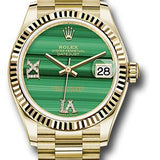 Rolex Yellow Gold Datejust 31 Watch - Fluted Bezel - Malachite Diamond Six and Nine Dial - President Bracelet - 278278 madr69p