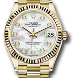 Rolex Yellow Gold Datejust 31 Watch - Fluted Bezel - Mother-of-Pearl Diamond Dial - President Bracelet - 278278 mdp