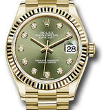 Rolex Yellow Gold Datejust 31 Watch - Fluted Bezel - Olive Green Diamond Dial - President Bracelet - 278278 ogdp