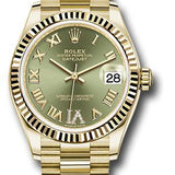 Rolex Yellow Gold Datejust 31 Watch - Fluted Bezel - Olive Green Diamond Six Dial - President Bracelet - 278278 ogdr6p