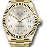 Rolex Yellow Gold Datejust 31 Watch - Fluted Bezel - Silver Diamond Dial - President Bracelet - 278278 sdp